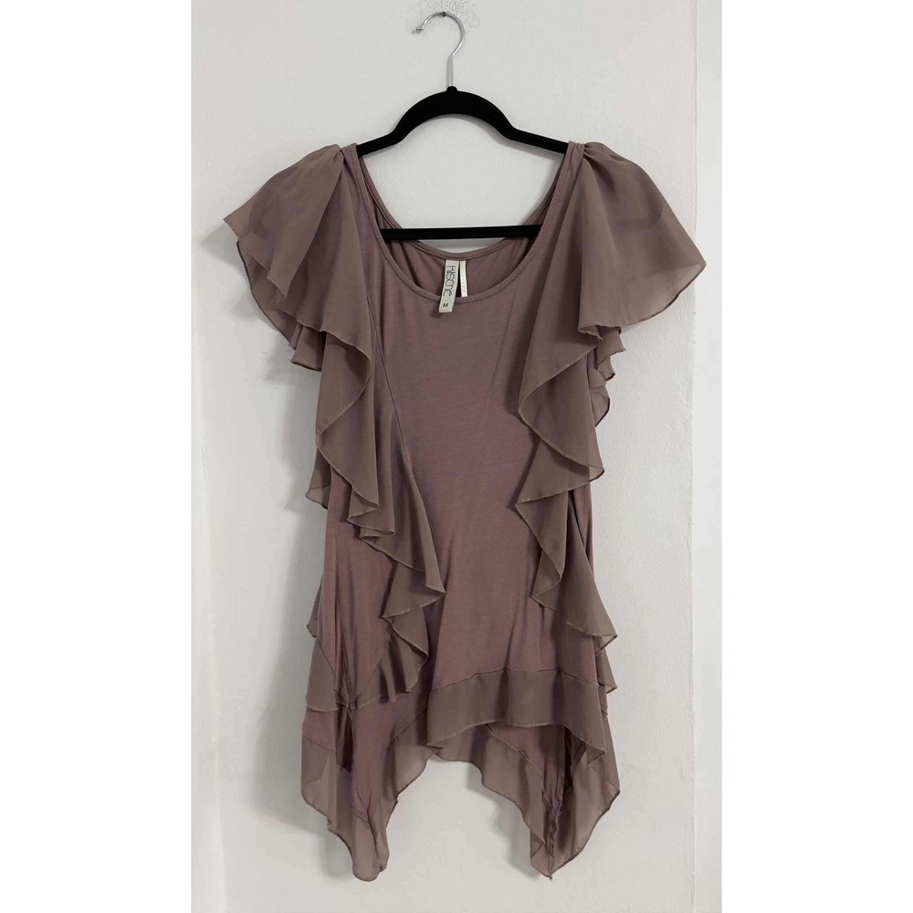 Kische Boho Mauve Chiffon Ruffle Top with flowing asymmetrical hem Womens M